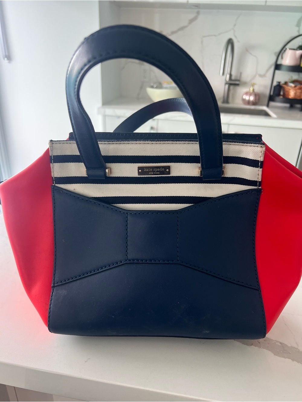 kate spade Navy, Red & Black Striped Bow Accent Satchel